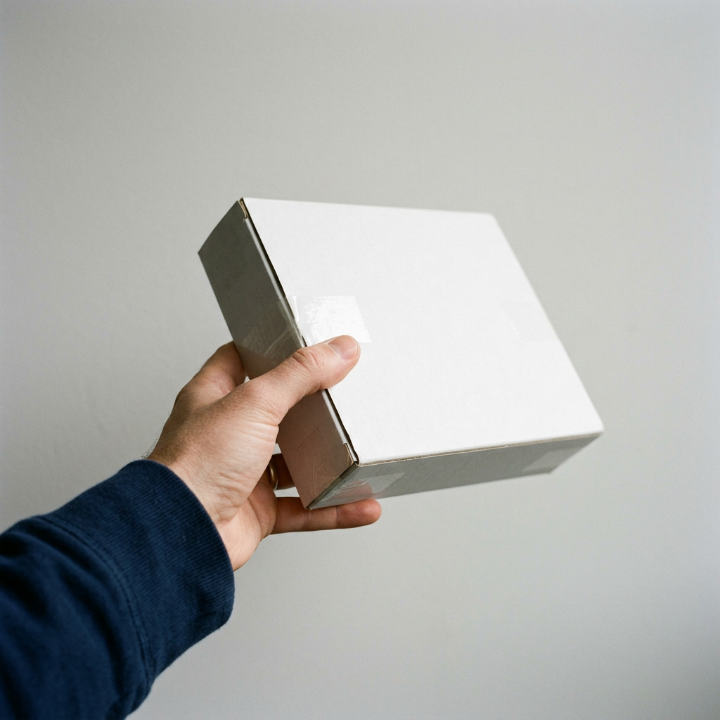 Une main tient une boîte blanche de set face à la lumière pour en examiner le coin et le ruban adhésif.